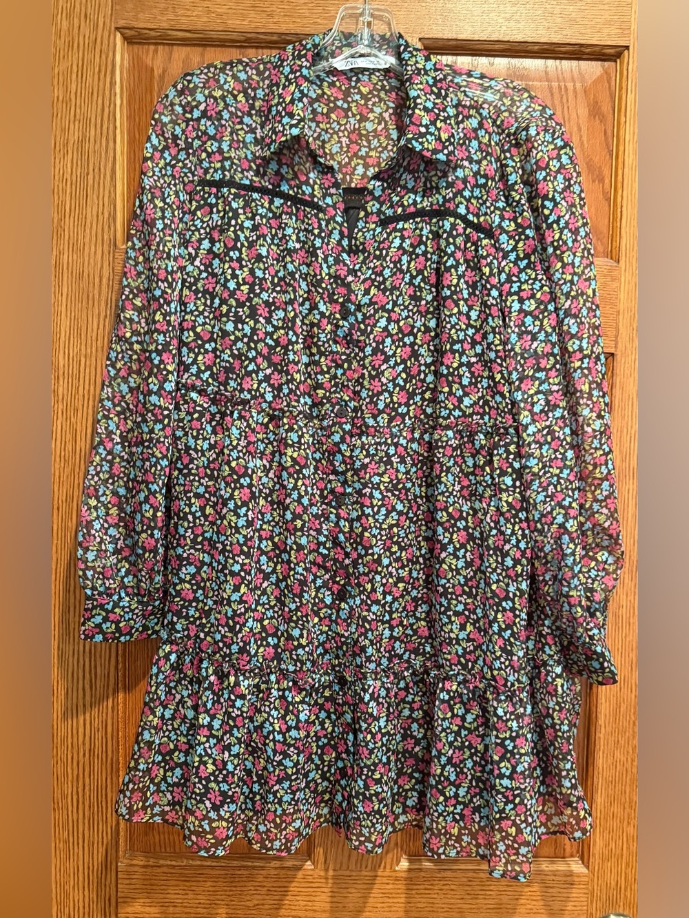 Zara Womens M Floral Tiered Mini Shirt Dress Long Sleeve Sheer Sleeves
